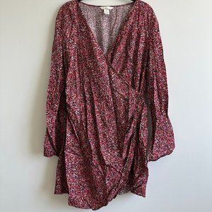 H&M Long Sleeve Silky Patterned Faux Wrap Mini Dress Size L Pink and Black